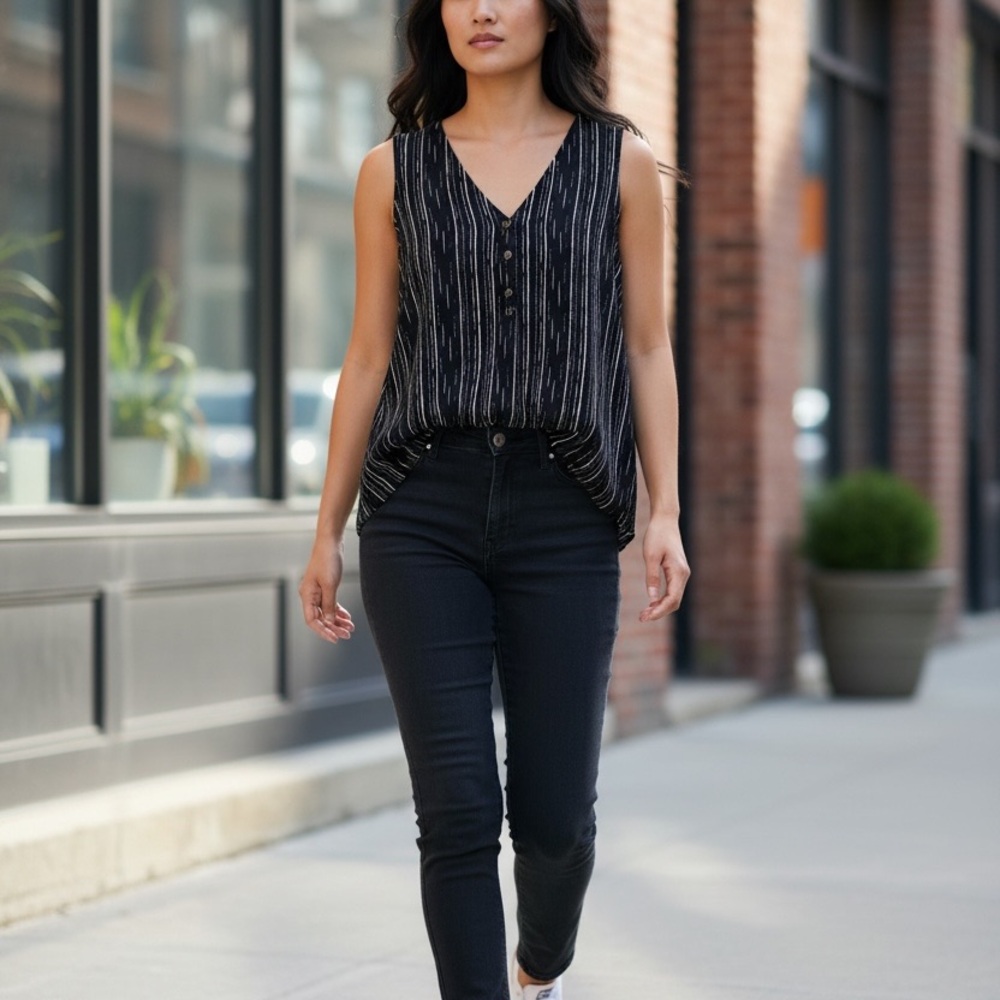Sonoma Black Striped V-Neck Sleeveless Tunic